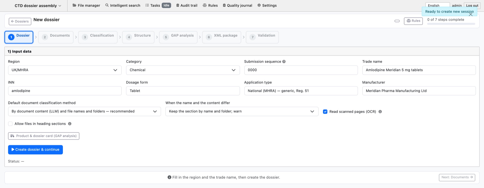 CTD dossier builder: seven-step workflow from dossier set-up to validation, with region set to UK/MHRA