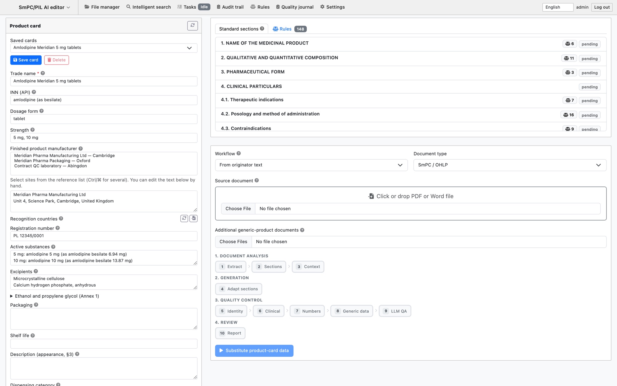 SmPC/PIL AI editor: product card on the left, SmPC sections with rule counts and the generation pipeline on the right